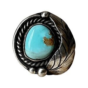 Vintage Blue Turquoise Leaf Ring, Sterling Silver Native American Ring Sz 4.5